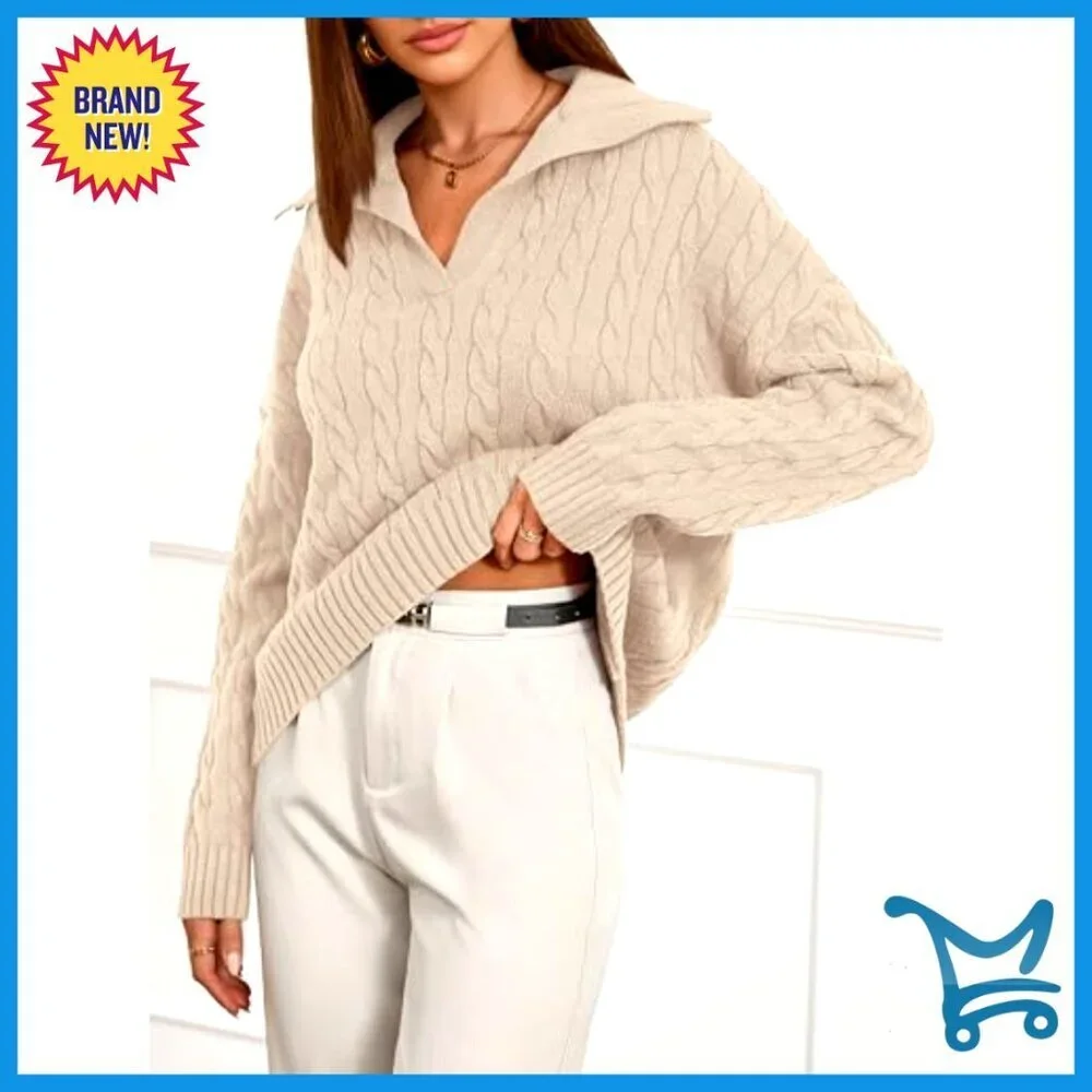 Oversized Cable Knit Sweater Polo V Neck Chunky Pullover Casual Chic